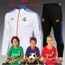 kid's 21/22 Real Madrid White Blue Long zipper Training Suits  